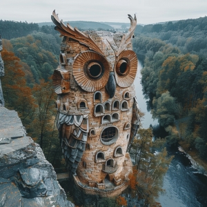 Midjourney绘画作品：猫头鹰家族的城堡
